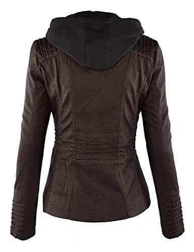 Made By Johnny Womens Faux Leather Motorcycle Jacket with Removable Hood | Regular Fit, Coffee thumbnail 4