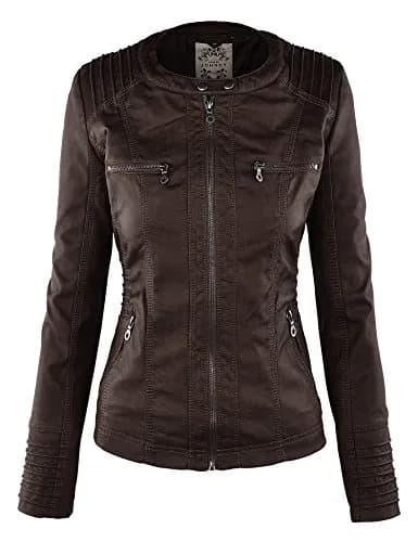 Made By Johnny Womens Faux Leather Motorcycle Jacket with Removable Hood | Regular Fit, Coffee thumbnail 5