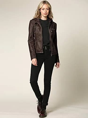 Made By Johnny Womens Faux Leather Motorcycle Jacket with Removable Hood | Regular Fit, Coffee thumbnail 6