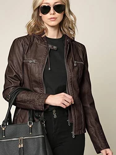 Made By Johnny Womens Faux Leather Motorcycle Jacket with Removable Hood | Regular Fit, Coffee thumbnail 3