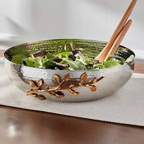 Elegance Golden Vine Hammered Salad Bowl 12-Inch | Silver/Gold Stainless Steel, Elegant Design thumbnail 2