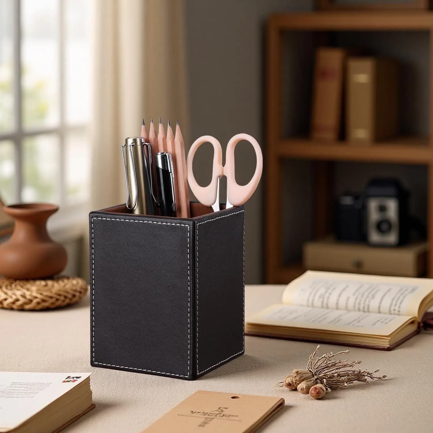 KINGFOM PU Leather Square Pencil Holder Cup | Desktop Stationery Organizer for Office & Study - view 5