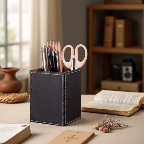 KINGFOM PU Leather Square Pencil Holder Cup | Desktop Stationery Organizer for Office & Study thumbnail 5