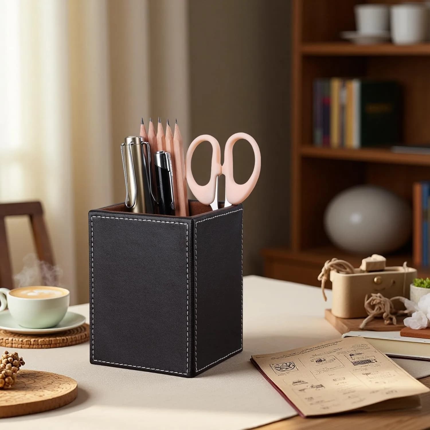 KINGFOM PU Leather Square Pencil Holder Cup | Desktop Stationery Organizer for Office & Study - view 6