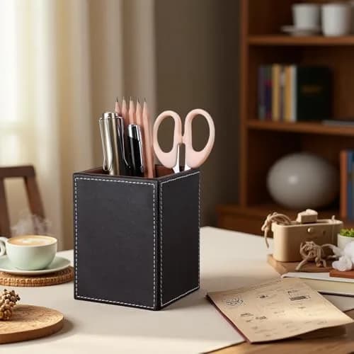 KINGFOM PU Leather Square Pencil Holder Cup | Desktop Stationery Organizer for Office & Study thumbnail 6