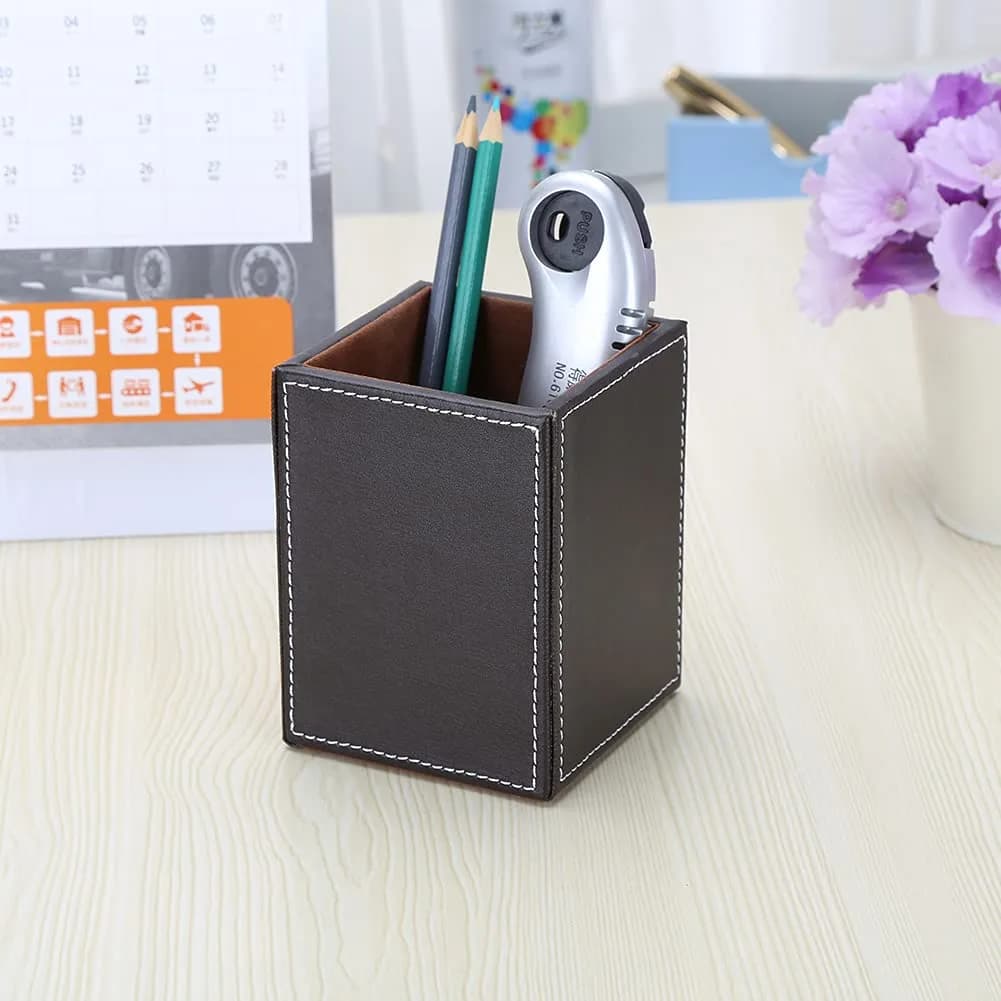 KINGFOM PU Leather Square Pencil Holder Cup | Desktop Stationery Organizer for Office & Study - view 7