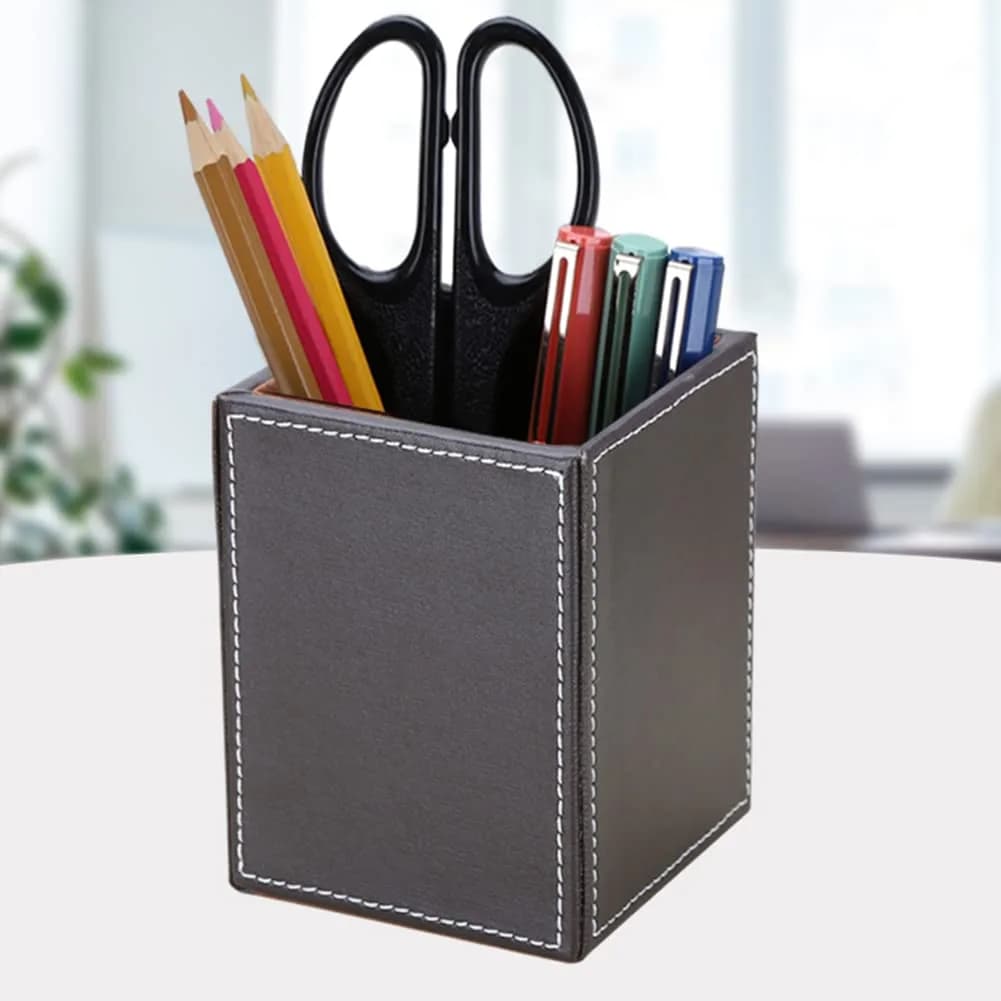 KINGFOM PU Leather Square Pencil Holder Cup | Desktop Stationery Organizer for Office & Study - view 3