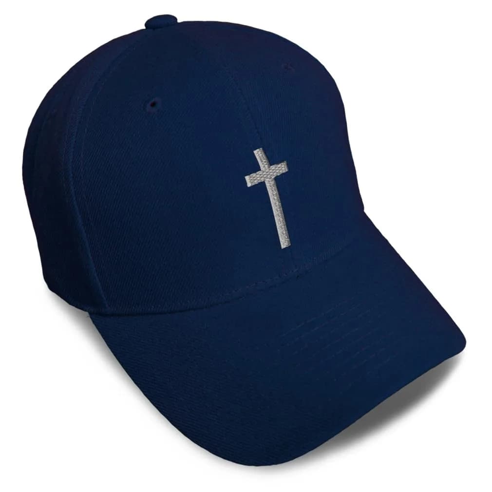 Speedy Pros Baseball Cap Cross Silver Christ Jesus God Faith Navy Design Only Cross hat | Embroidered 100% Acrylic Adjustable Cap