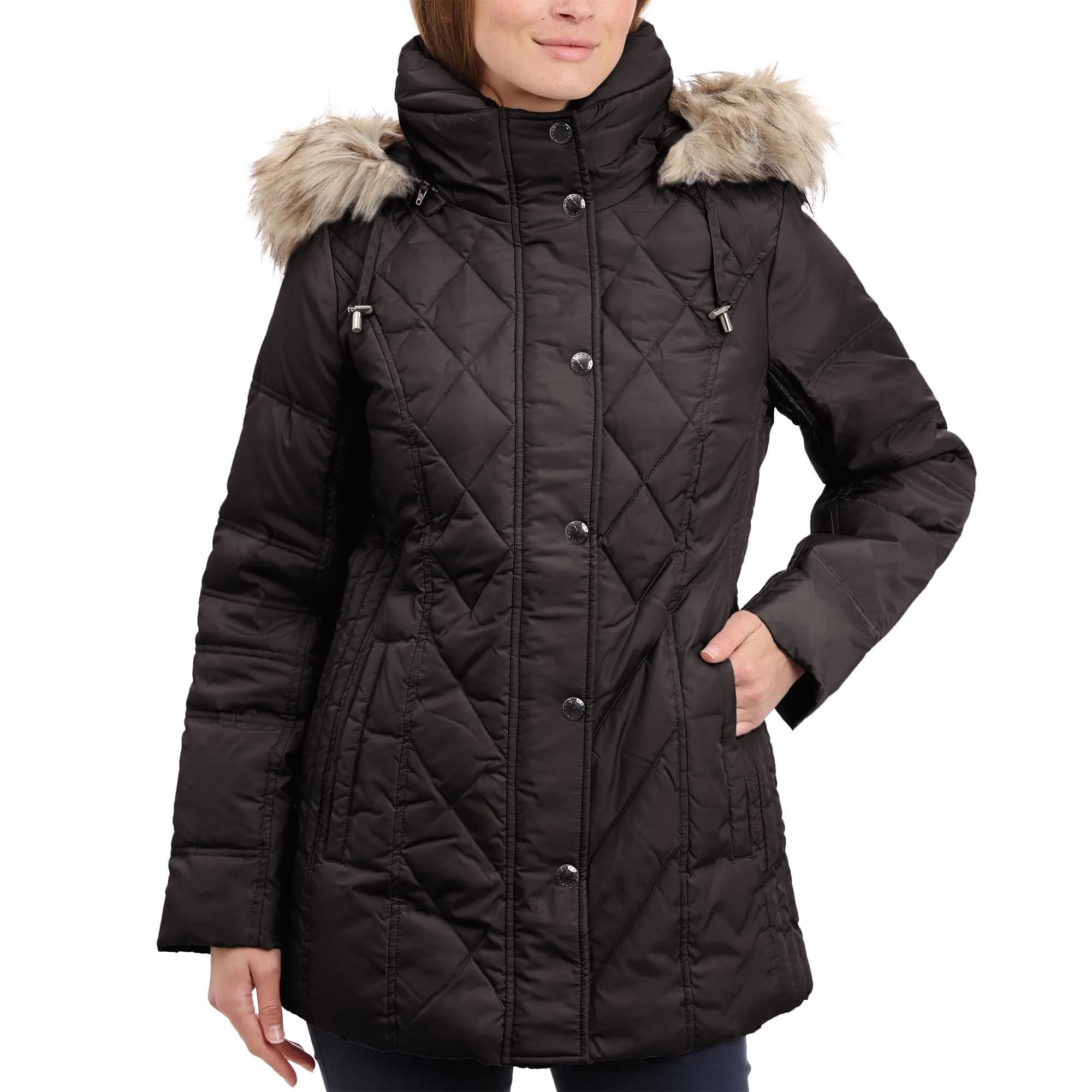 London Fog Women's Diamond Quilted Down Coat | Classic Fit with Detachable Faux Fur Hood (X-Large, Black) — Black