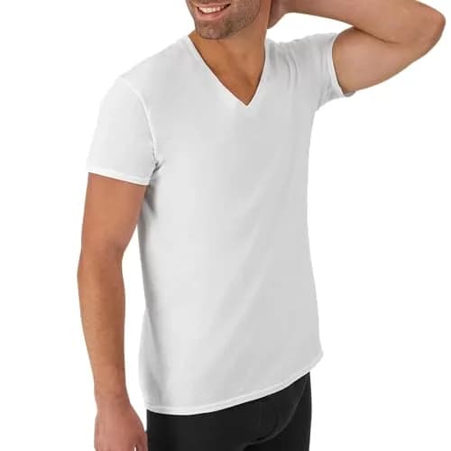 Hanes Mens Cotton Moisture-wicking V-neck Tee Undershirts 6 Pack White | Dependable Comfort & Moisture Control thumbnail 3