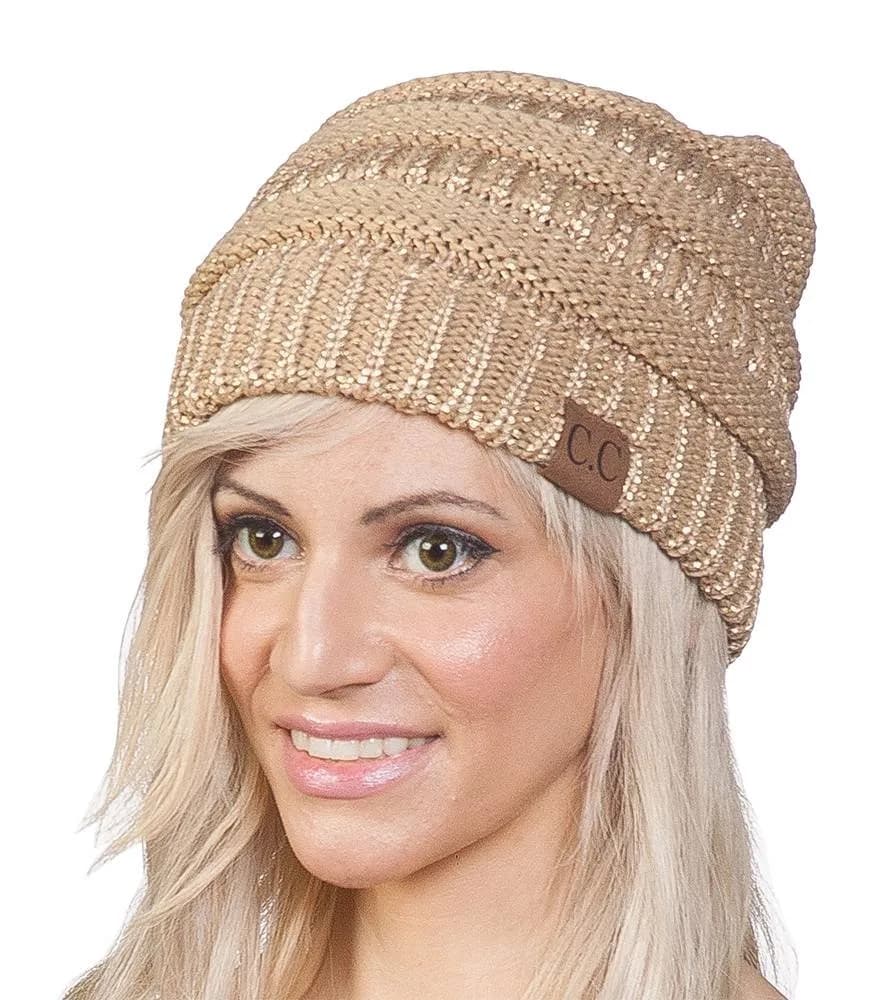 C.C Thick Soft Knit Oversized Beanie Cap Hat - Denim | Warm, Casual, Unisex — Metallic Gold