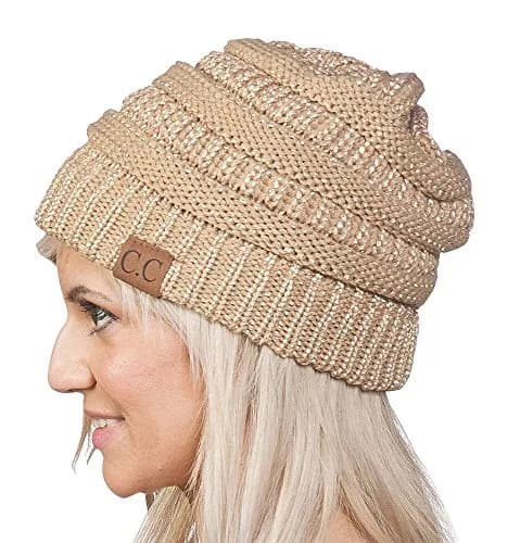 C.C Winter Knit Stripe Slouchy Beanie Hat-Gold | Ultra Warm Acrylic Knit for Women & Men thumbnail 2