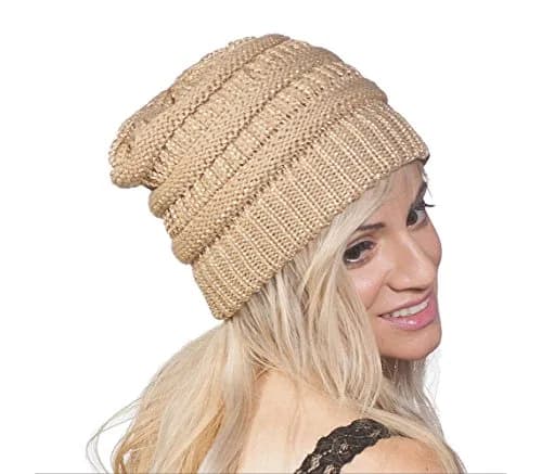 C.C Winter Knit Stripe Slouchy Beanie Hat-Gold | Ultra Warm Acrylic Knit for Women & Men thumbnail 3