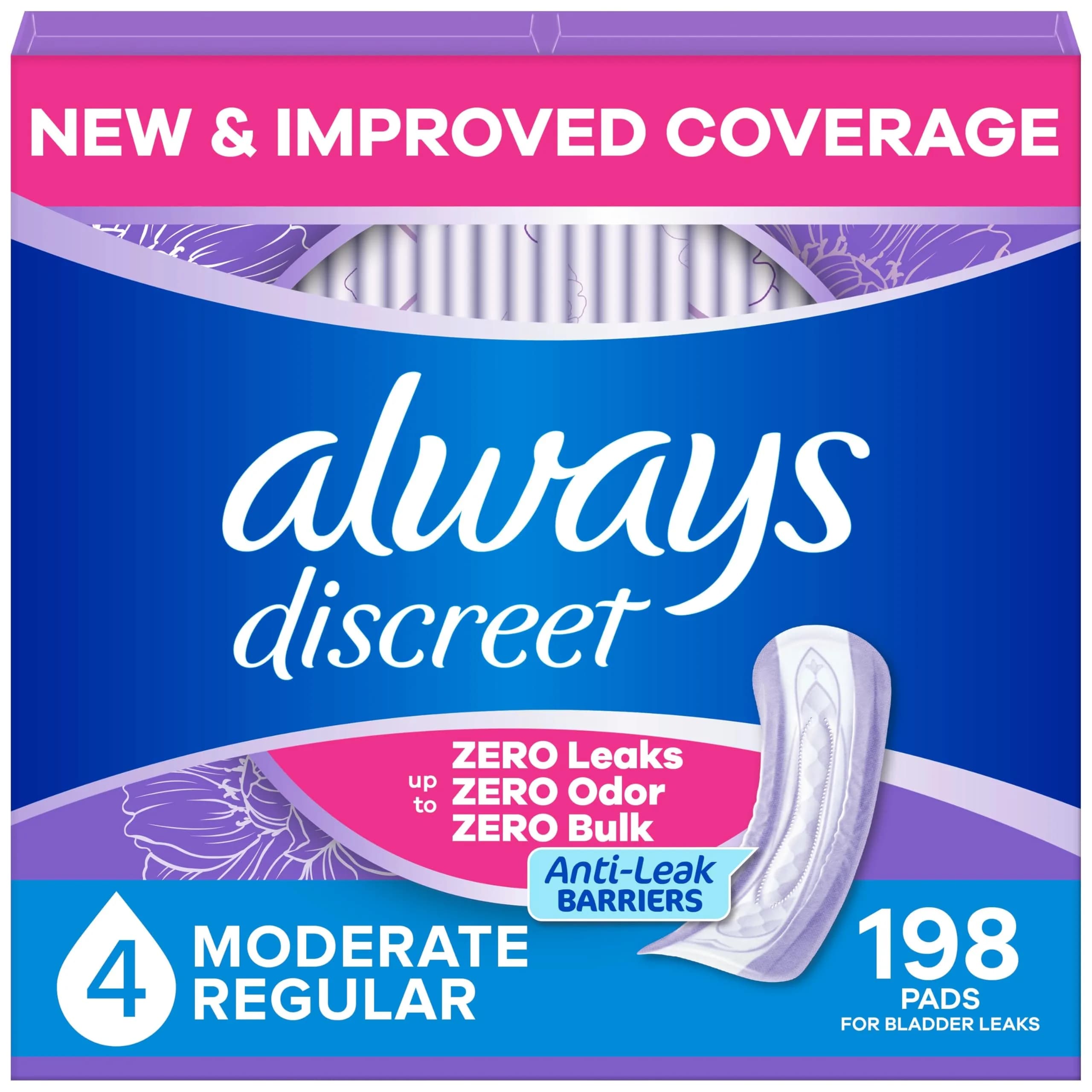 Always Discreet Moderate Absorbency Long Length Incontinence Pads for Women | Dermatologist Tested — Regular