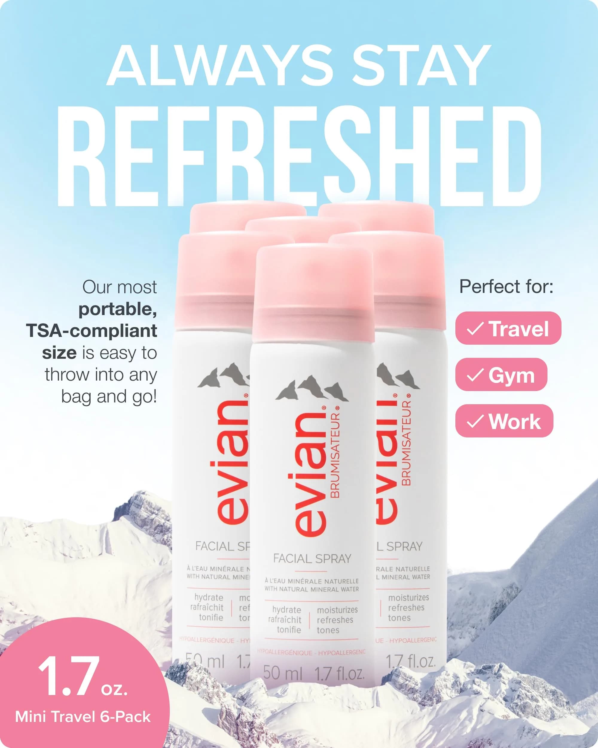 Evian Facial Spray 50ml (1.7 Fl Oz) 6-Pack | Hydrating Mineral Mist for Face & Skin - view 2