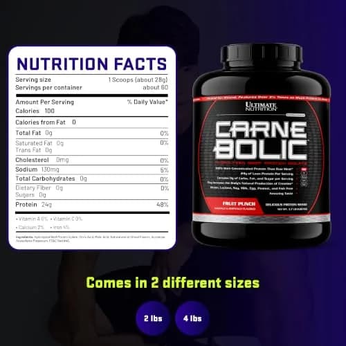 Ultimate Nutrition CarneBOLIC Beef Protein Isolate, Fruit Punch, 4 lb | Hydrolyzed Beef Protein for Muscle & Power thumbnail 7