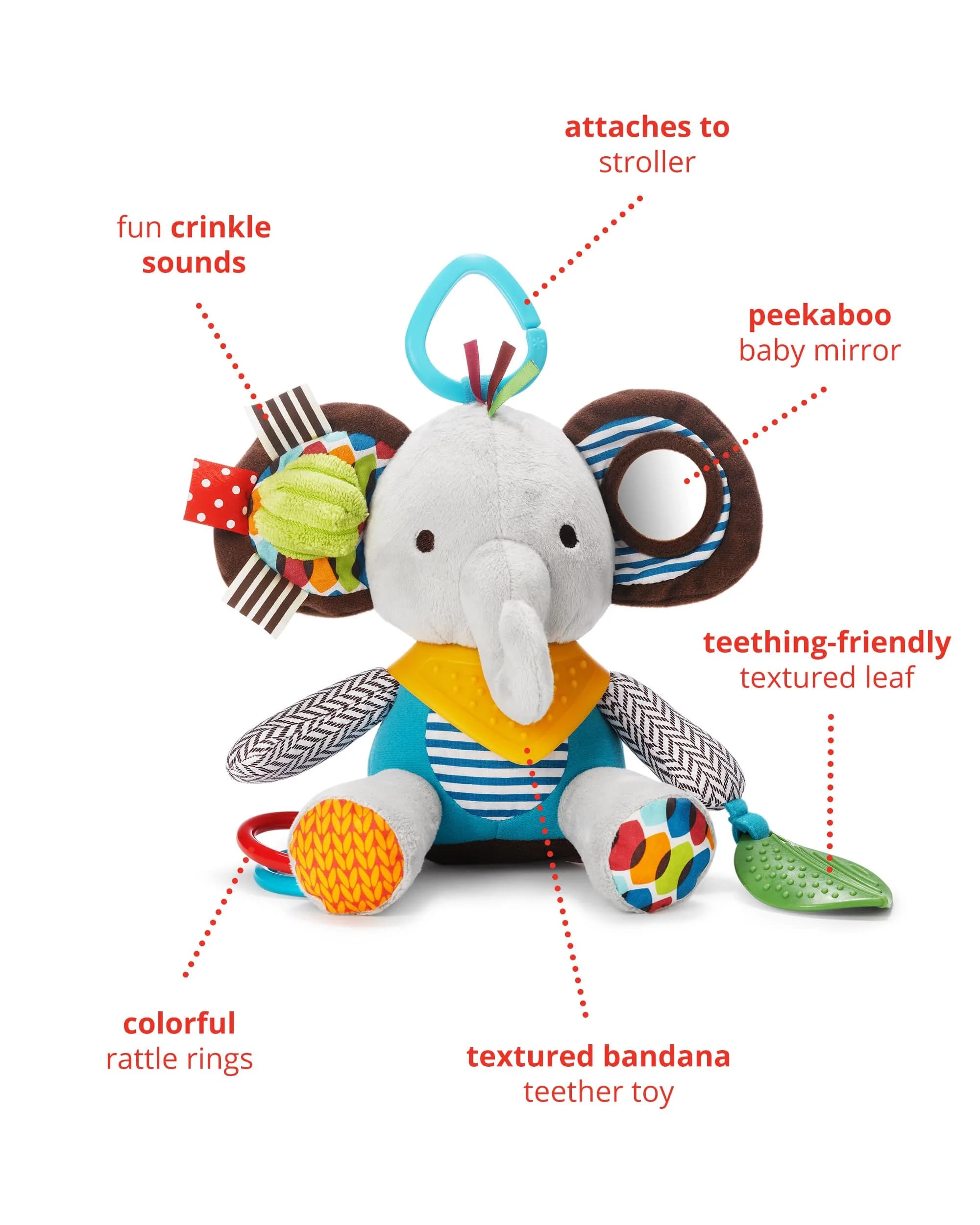 Skip Hop Bandana Buddies Activity and Teething Toy with Rattle and Textures, Elephant 13cm (5") | BPA-Free, Phthalate-Free, CPSIA Compliant - view 2
