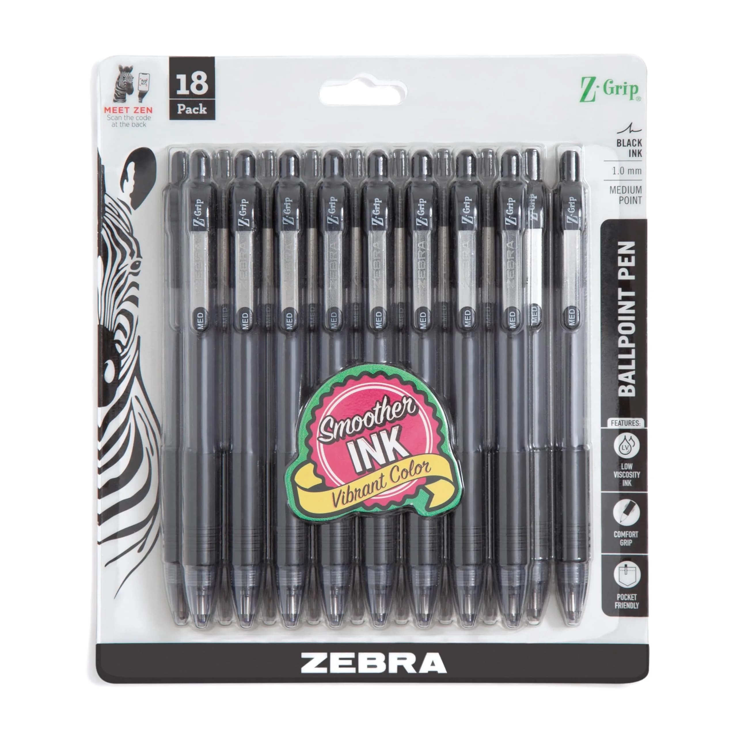 Zebra Pen Z-Grip Retractable Ballpoint Pens, Black Ink, 1.0mm, 18-Pack | Smooth Writing for Students & Professionals - main product image