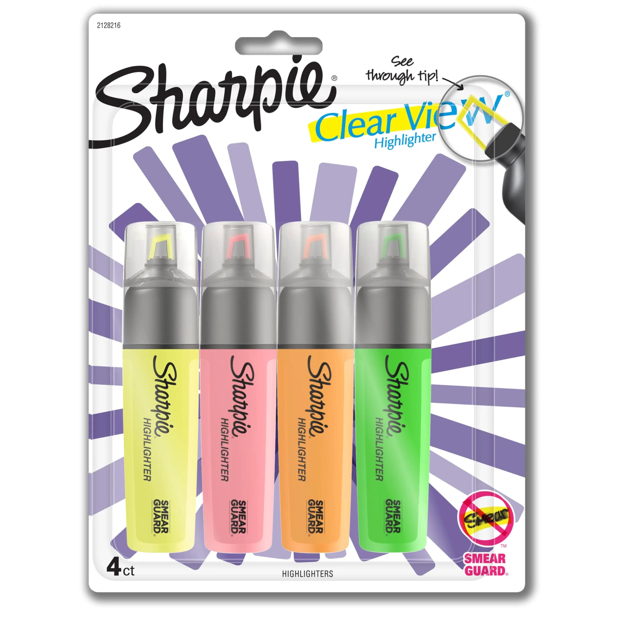 Sharpie Clear View Highlighters, Chisel Tip Marker Set, Assorted Colors, 4-Pack | Precise Control & Smear Resistant — Yellow+Pink+Orange+Green