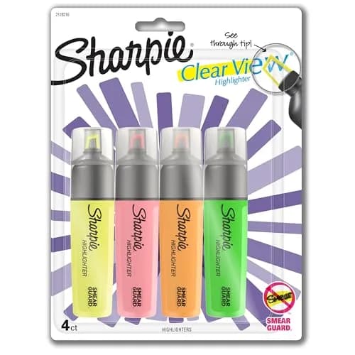 Sharpie Clear View Highlighters, Chisel Tip Marker Set, Assorted Colors, 4-Pack | Precise Control & Smear Resistant thumbnail 1