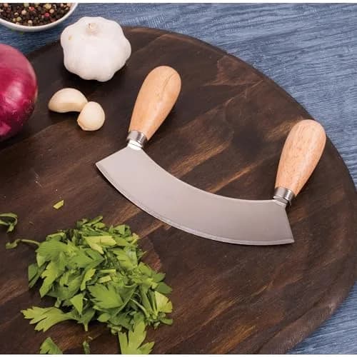 HIC Kitchen Mezzaluna Rocking Chopper & Mincing Knife 6.75 Inch | Stainless Steel & Rubberwood for Herbs Vegetables Nuts thumbnail 5