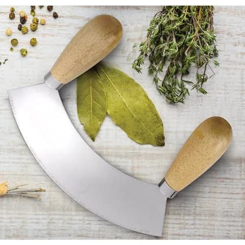 HIC Kitchen Mezzaluna Rocking Chopper & Mincing Knife 6.75 Inch | Stainless Steel & Rubberwood for Herbs Vegetables Nuts thumbnail 6
