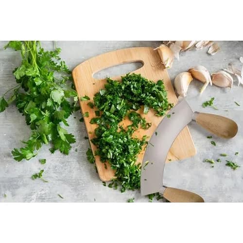 HIC Kitchen Mezzaluna Rocking Chopper & Mincing Knife 6.75 Inch | Stainless Steel & Rubberwood for Herbs Vegetables Nuts thumbnail 2