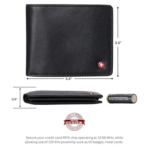 Alpine Swiss Spencer RFID Protected Leather Bifold Wallet | Black, 14 Card Pockets thumbnail 3