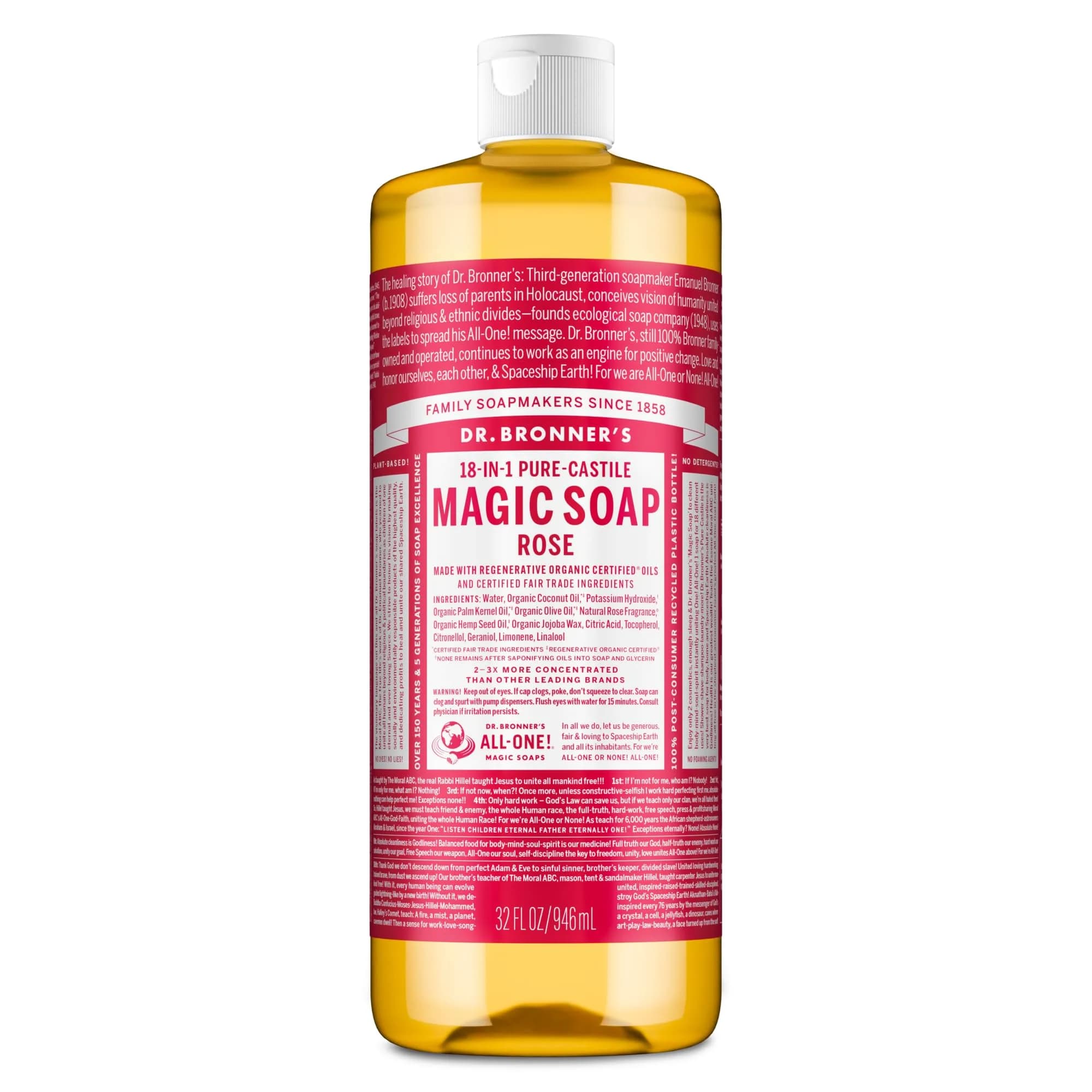 Dr. Bronner's Rose Pure-Castile Liquid Soap 237ml (8 Fl Oz) | 18-in-1 Uses: Body Wash, Hand Soap, Shampoo, Laundry & More — 32 Fl Oz