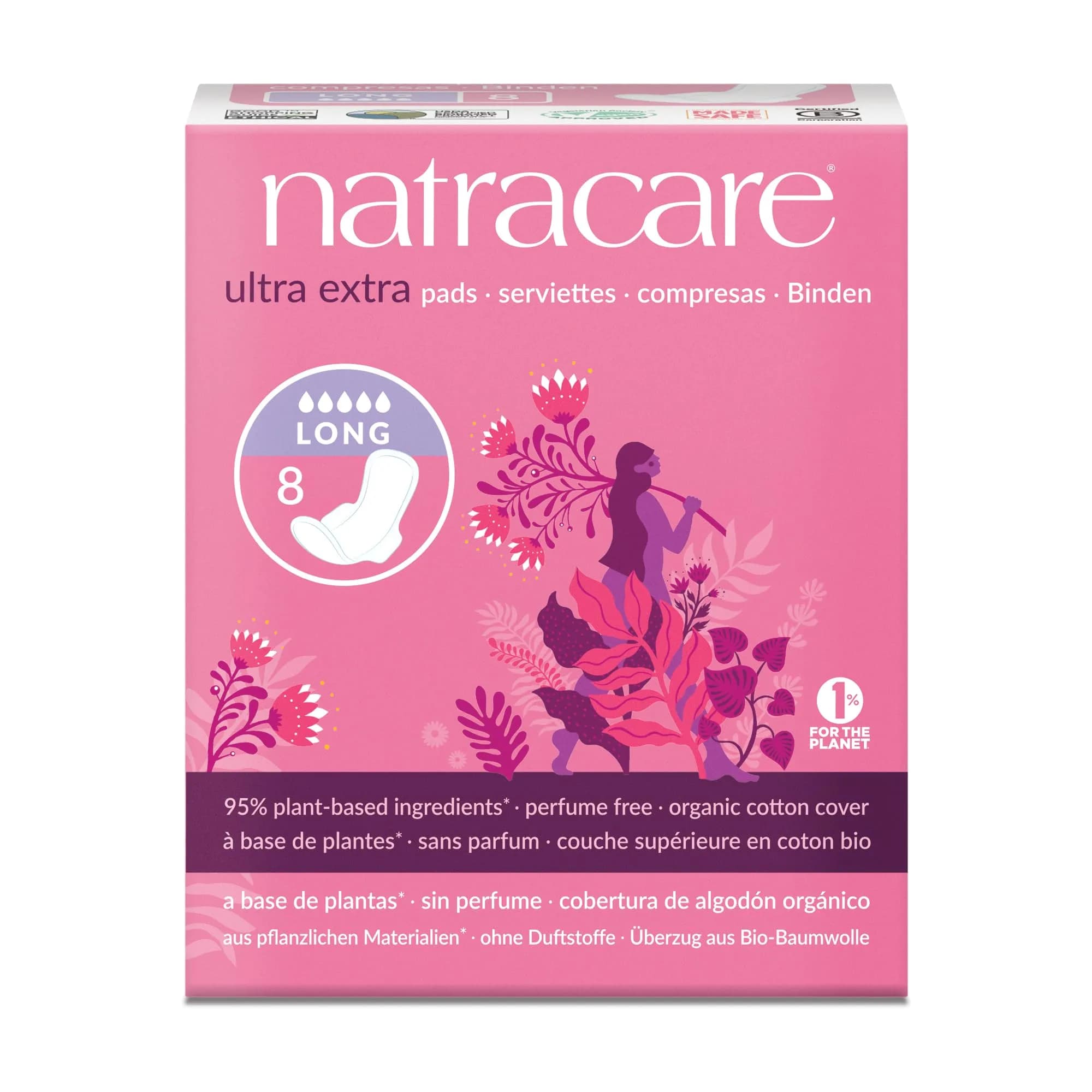 Natracare Ultra Extra Pads with Wings, Long, 8 Count | Dermatologist Tested & Hypoallergenic - main product image