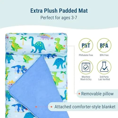 Wildkin Nap Mat with Pillow and Blanket | Preschool Rest Mat, Dinosaur Land, All-in-One Compact Roll thumbnail 3