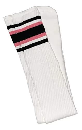 SKATERSOCKS 35" Thigh High White Tube Socks with Black-BubbleGum Pink Stripes Style 4 | Comfortable Athletic Fit thumbnail 1