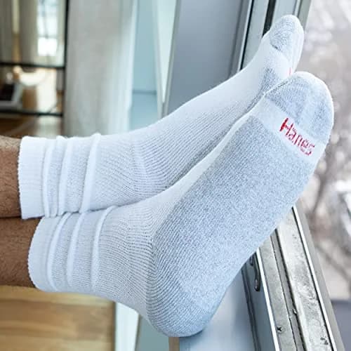 Hanes Double Tough Crew Socks 12-Pair Pack, White/Grey Foot Bottom, Men's Size 6-12 | Full Cushioning & Odor Protection thumbnail 7