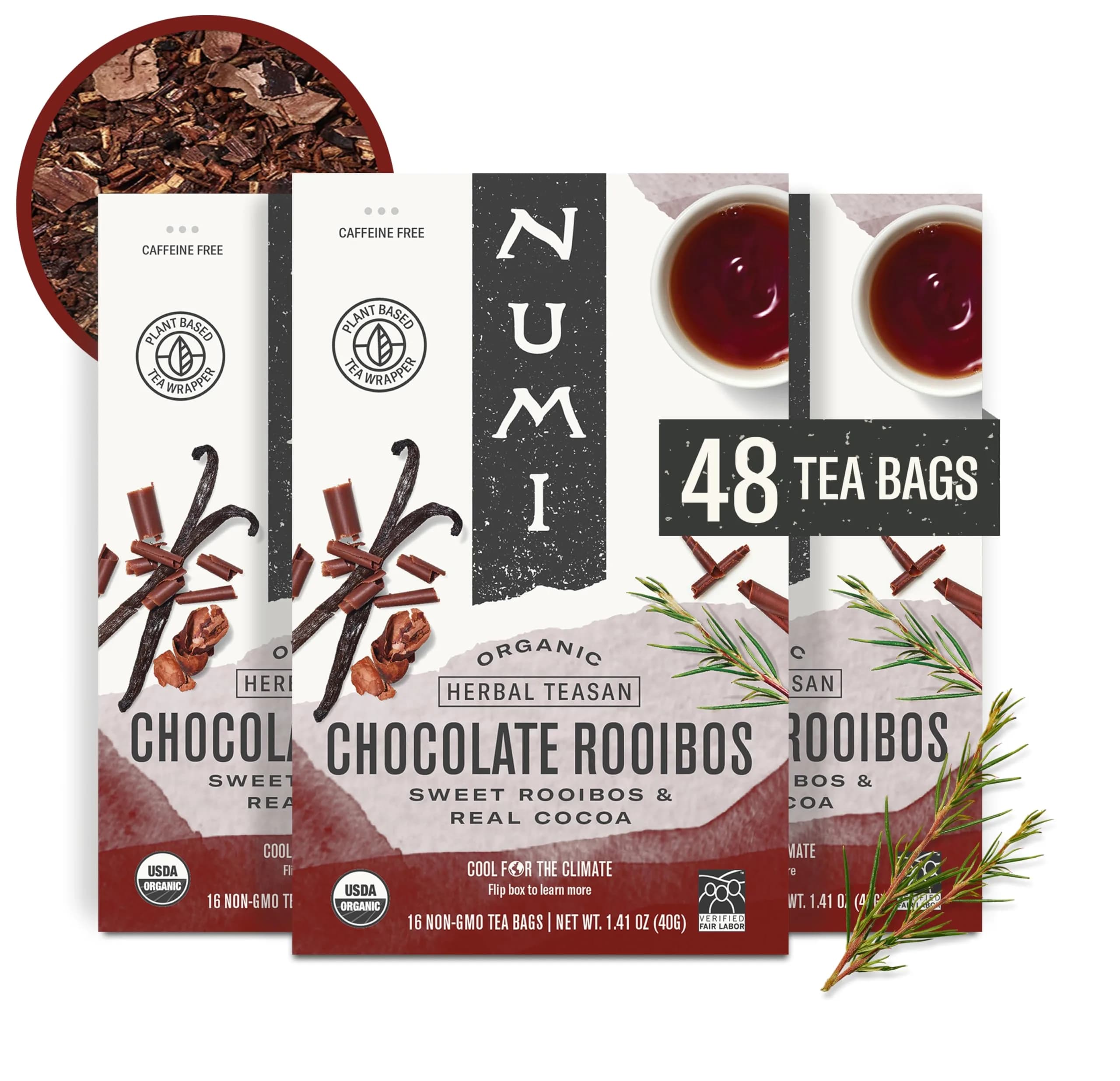 Numi Organic Chocolate Rooibos Tea, 48 Herbal Tea Bags | Caffeine Free, USDA Organic, Biodegradable Bags thumbnail 7