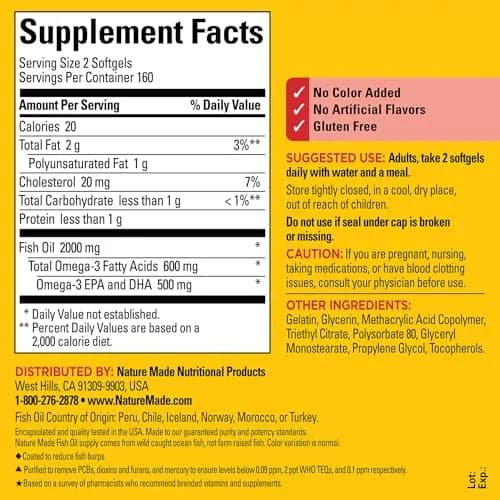 Nature Made Burp Less Fish Oil Omega 3 1000mg Softgels, 320 Count (160 Day Supply) | Heart Health Support with EPA & DHA thumbnail 2