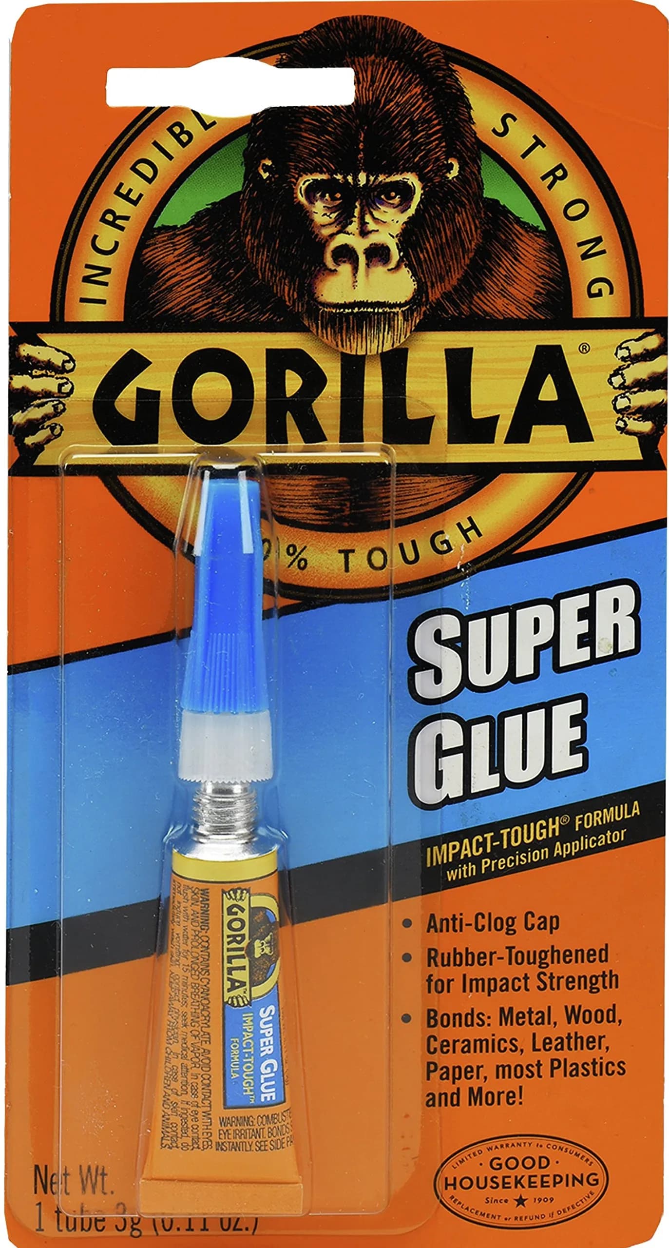 Gorilla Super Glue Tube, 3 Gram (0.11 Fl Oz) | Impact-Tough Cyanoacrylate Adhesive — Clear