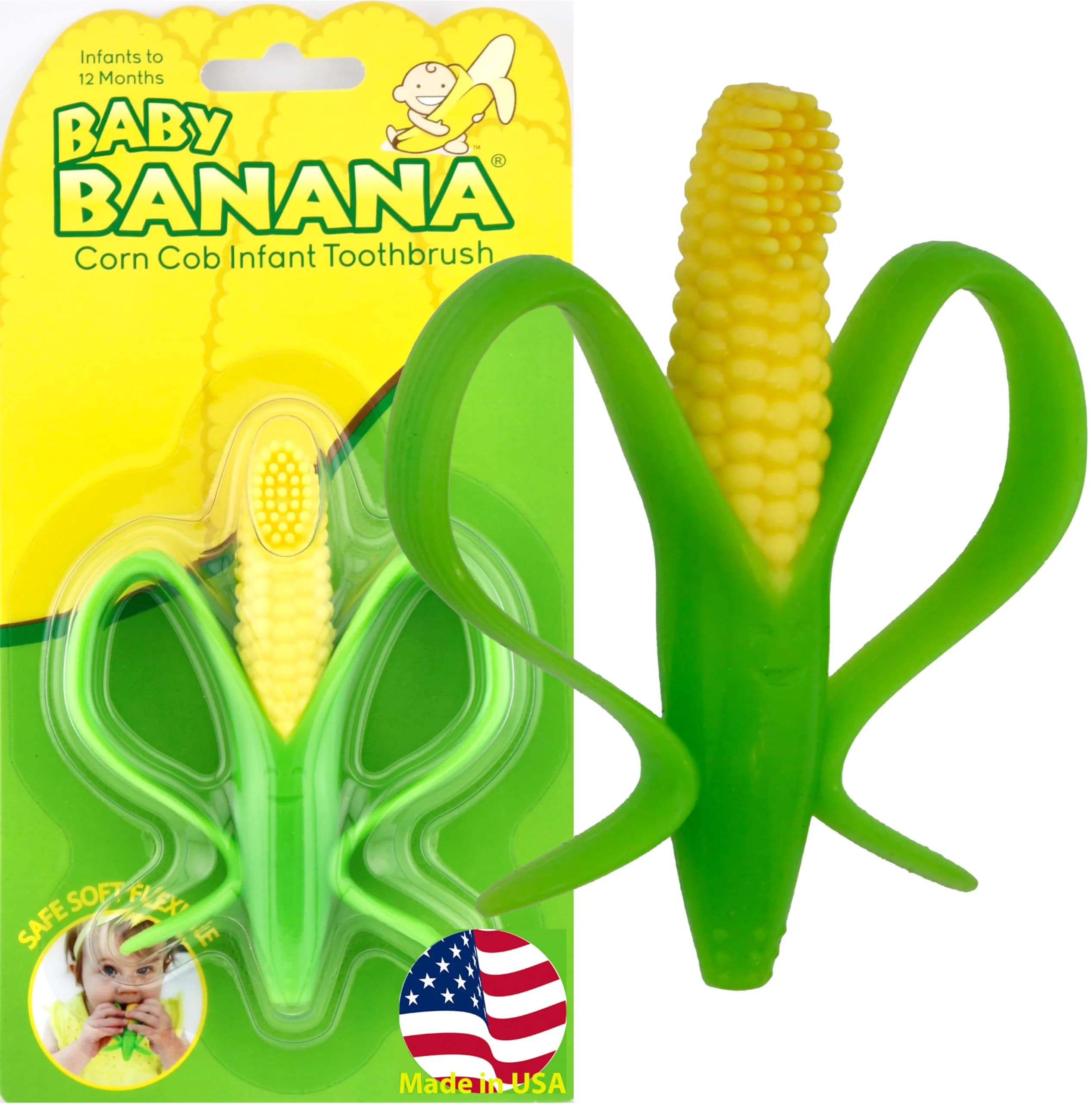 Baby Banana Corn Cob Toothbrush Teether 1 Count | Soft Silicone Baby Teething & Brushing Tool — Green and Yellow