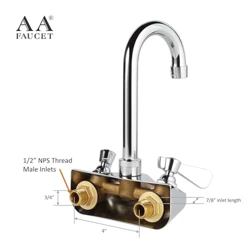 AA Faucet 4" Wall Mount Commercial Hand Sink Faucet with 3-1/2" Gooseneck Spout Brass Chrome NSF thumbnail 3