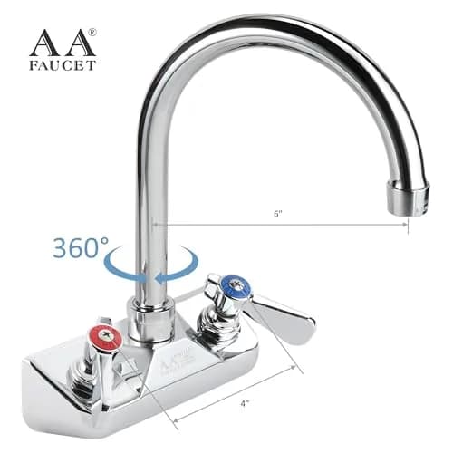 AA Faucet 4" Wall Mount Commercial Hand Sink Faucet with 6" Gooseneck Spout, Brass Construction Chrome Polished for Restaurant Kitchen NSF Approved thumbnail 2
