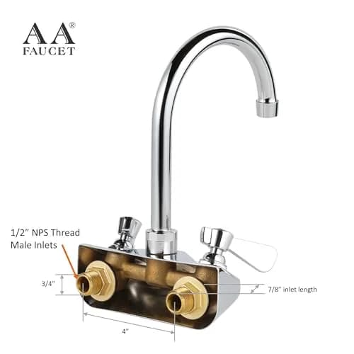AA Faucet 4" Wall Mount Commercial Hand Sink Faucet with 6" Gooseneck Spout, Brass Construction Chrome Polished for Restaurant Kitchen NSF Approved thumbnail 3