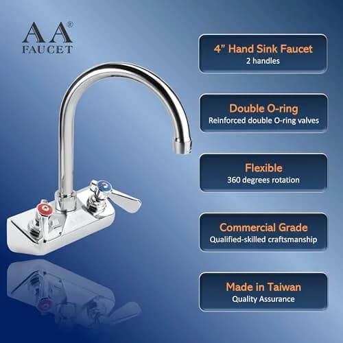 AA Faucet 4" Wall Mount Commercial Hand Sink Faucet with 6" Gooseneck Spout, Brass Construction Chrome Polished for Restaurant Kitchen NSF Approved thumbnail 4