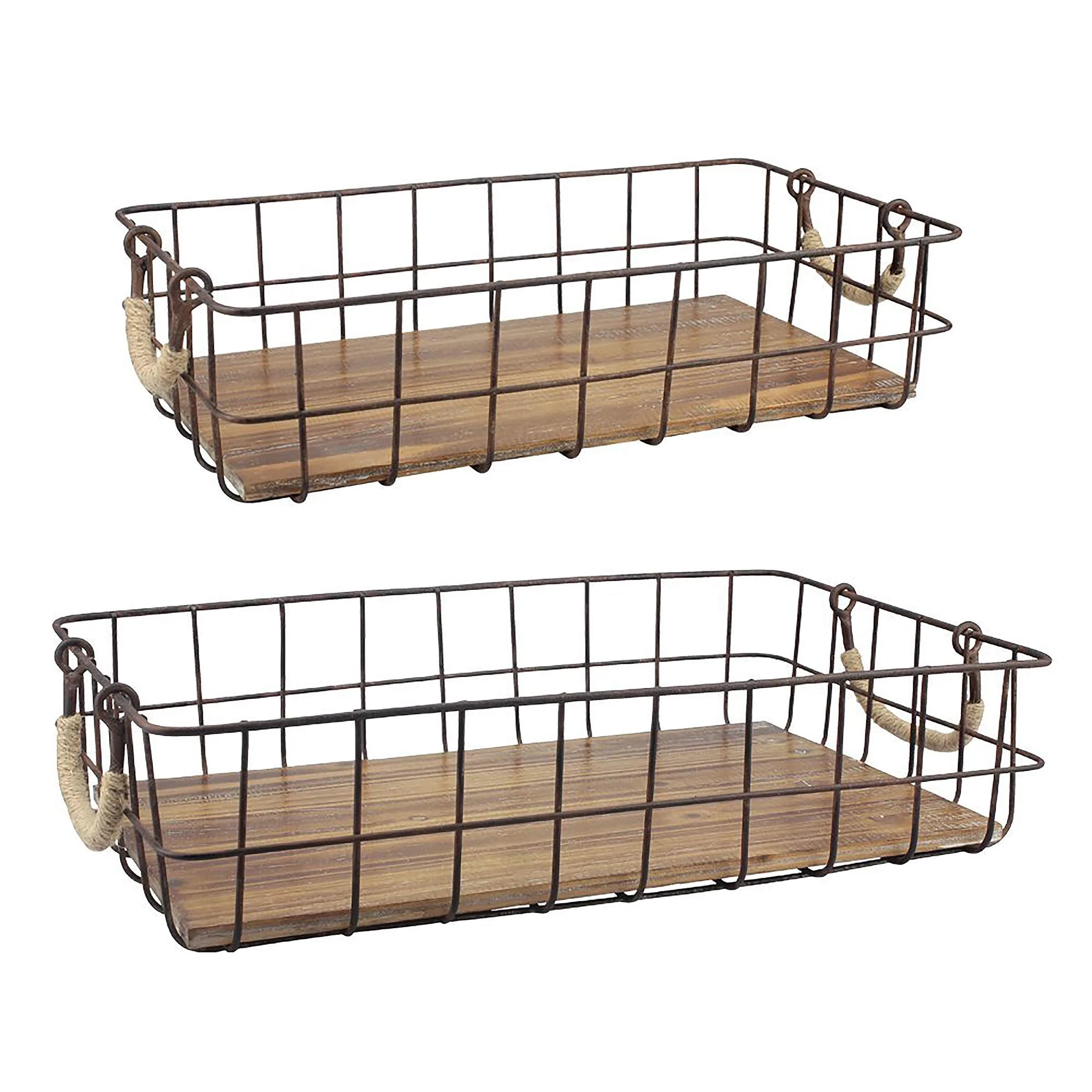 Stonebriar 2pc Rectangle Metal Wire & Wood Basket Set Rustic Decor | Stackable Home Storage