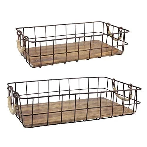 Stonebriar 2pc Rectangle Metal Wire & Wood Basket Set Rustic Decor | Stackable Home Storage thumbnail 1