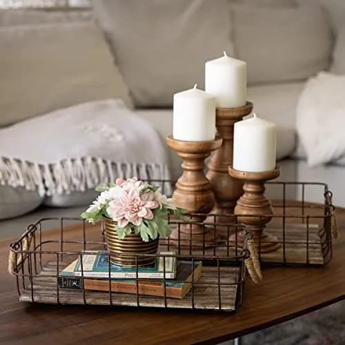 Stonebriar 2pc Rectangle Metal Wire & Wood Basket Set Rustic Decor | Stackable Home Storage thumbnail 6