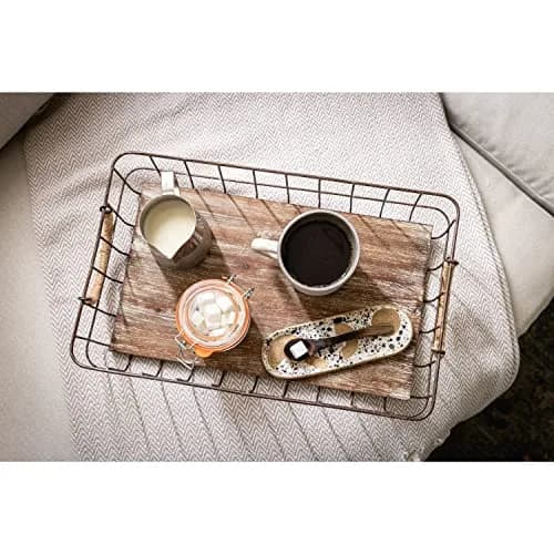 Stonebriar 2pc Rectangle Metal Wire & Wood Basket Set Rustic Decor | Stackable Home Storage thumbnail 7