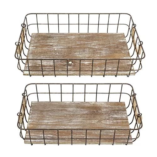 Stonebriar 2pc Rectangle Metal Wire & Wood Basket Set Rustic Decor | Stackable Home Storage thumbnail 2