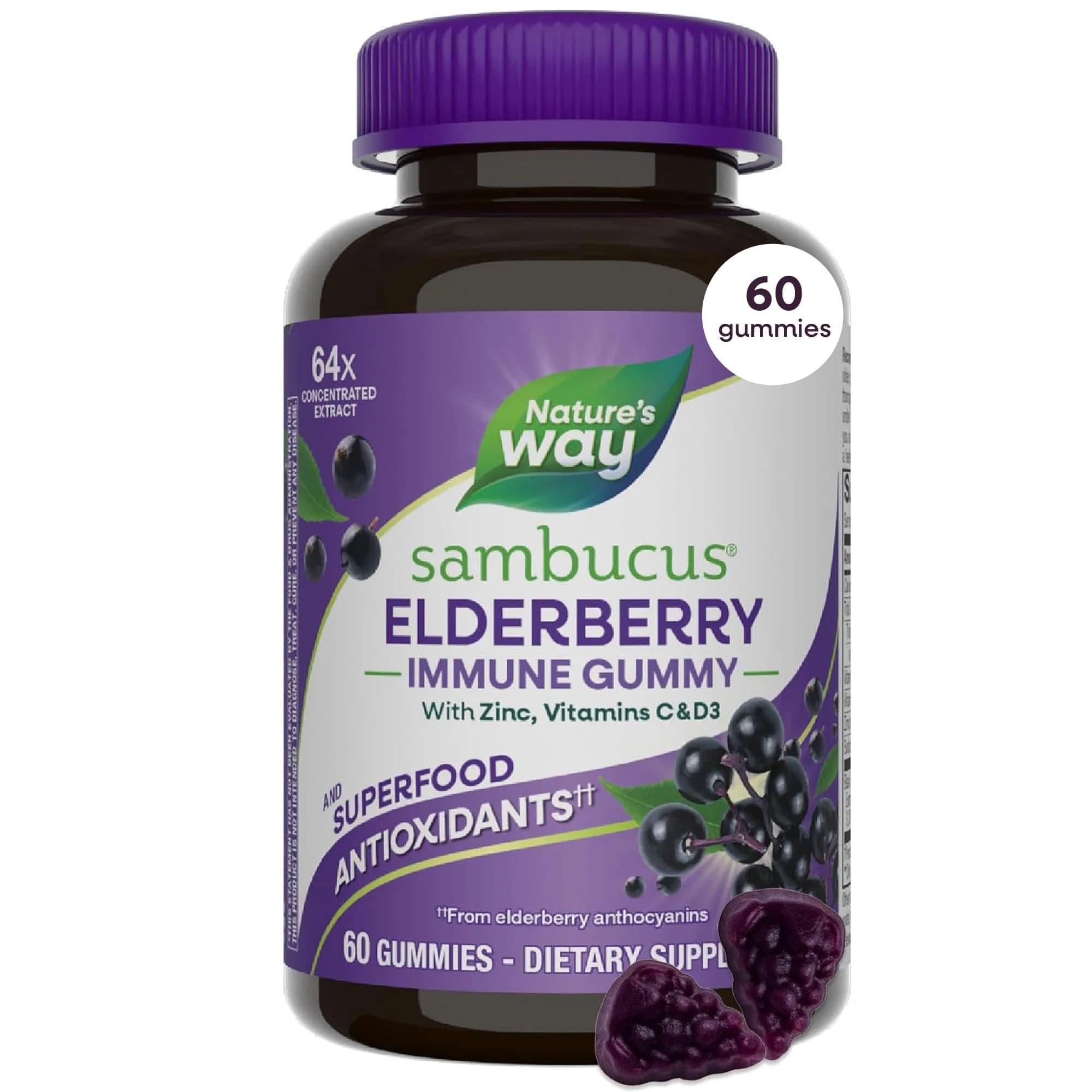 Nature's Way Sambucus Elderberry Gummies Immune Support with Vitamin C, D3, Zinc (60 Count) - main product image