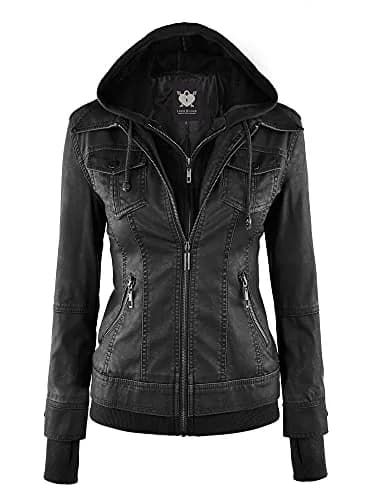 Lock and Love LL WJC664 Women's Faux Leather Moto Biker Jacket with Removable Hood – Zip Up Slim Fit Short Coat with Pockets S BLACK | Edgy & Practical thumbnail 1