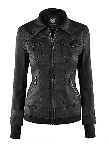 Lock and Love LL WJC664 Women's Faux Leather Moto Biker Jacket with Removable Hood – Zip Up Slim Fit Short Coat with Pockets S BLACK | Edgy & Practical thumbnail 5