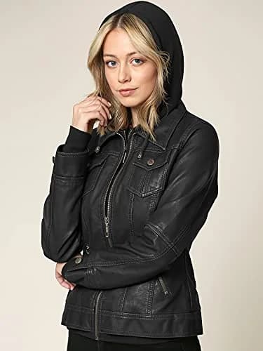 Lock and Love LL WJC664 Women's Faux Leather Moto Biker Jacket with Removable Hood – Zip Up Slim Fit Short Coat with Pockets S BLACK | Edgy & Practical thumbnail 2
